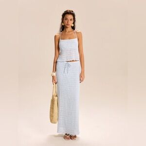 Commense Pale Blue Maxi Skirt with Drawstring Waist and matching top.